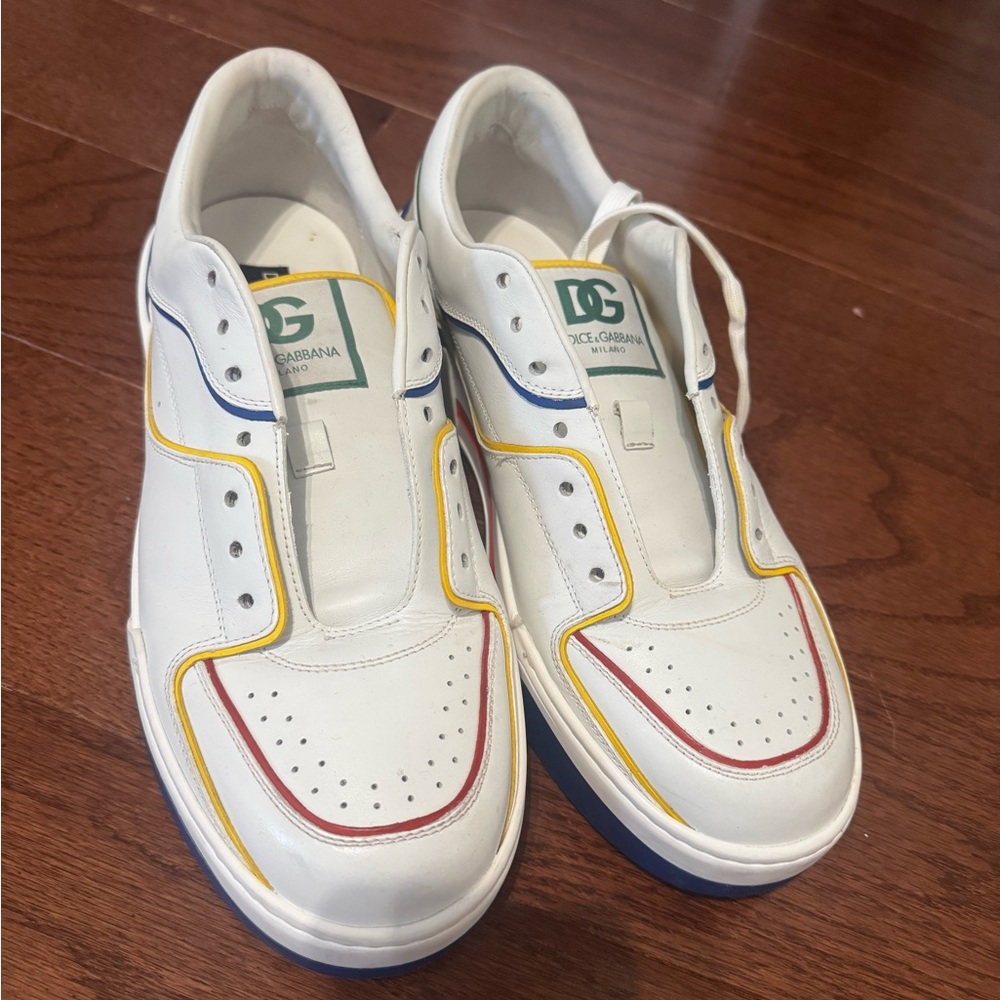 Dolce & Gabbana Roma Low top White Sneakers with Red, Yellow, and Blue Accents